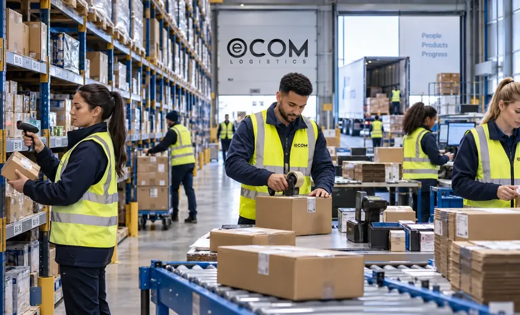 Ecom Logistics warehouse with clearly organised shelving, inventory visible and well-positioned, staff processing outbound orders efficiently during peak season