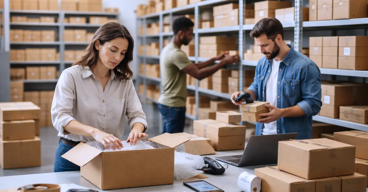 a small team handling orders manually in a warehouse