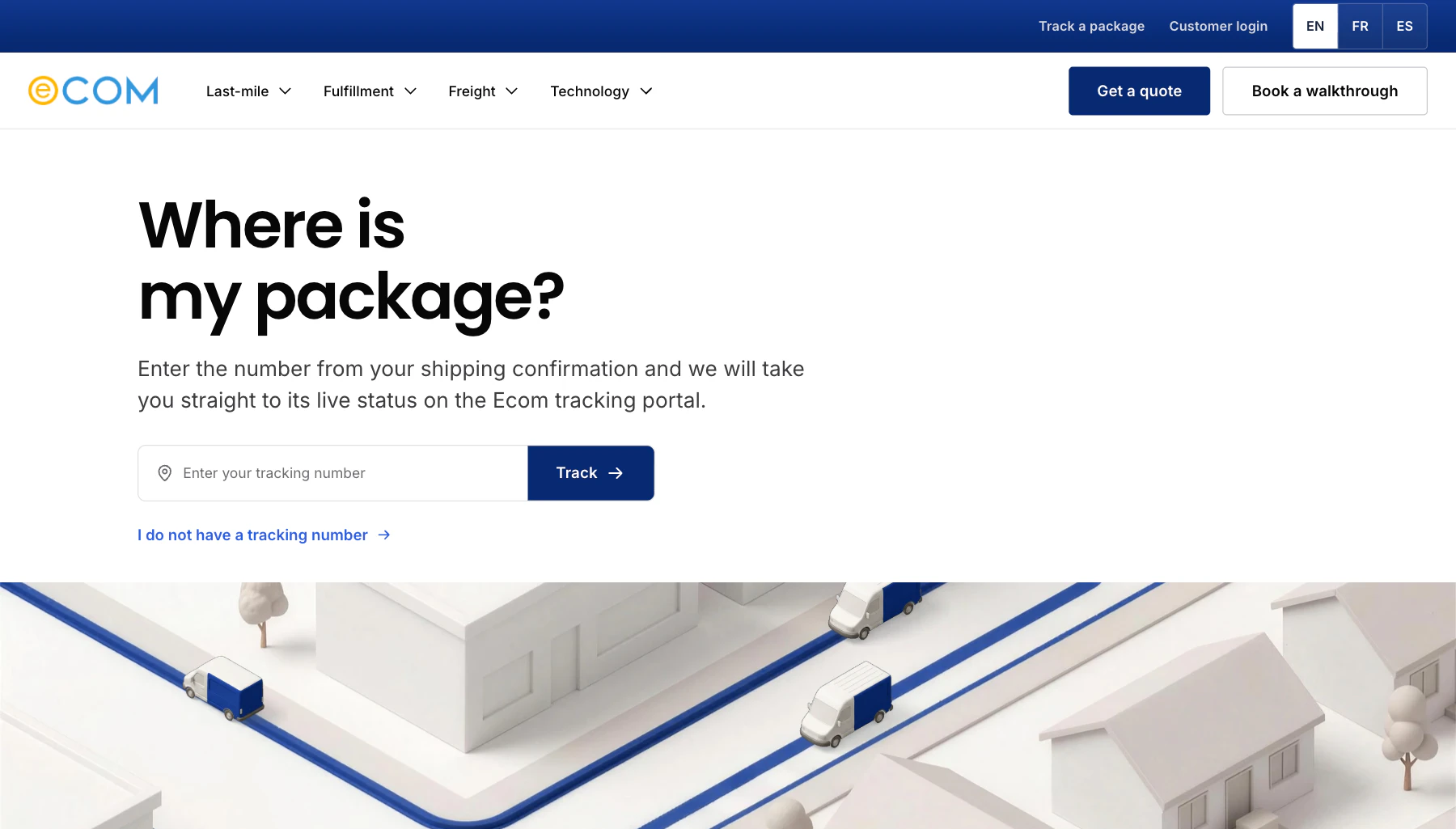 The Ecom tracking page: a field for a tracking number with a Track button, and the note that every scan against the shipment is listed below it.