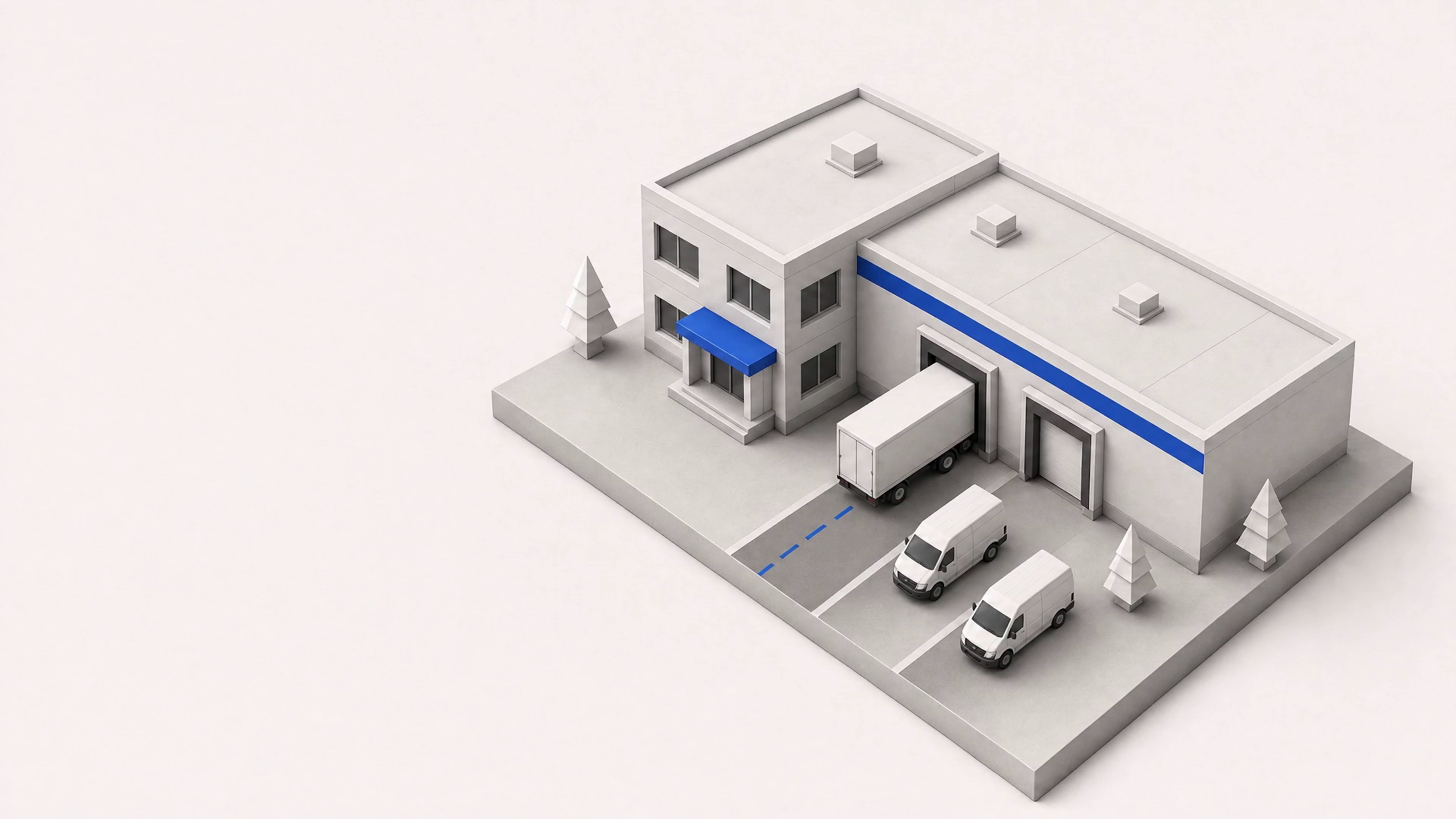 A small logistics campus: an office block joined to a warehouse, a trailer at the dock and vans on the service road