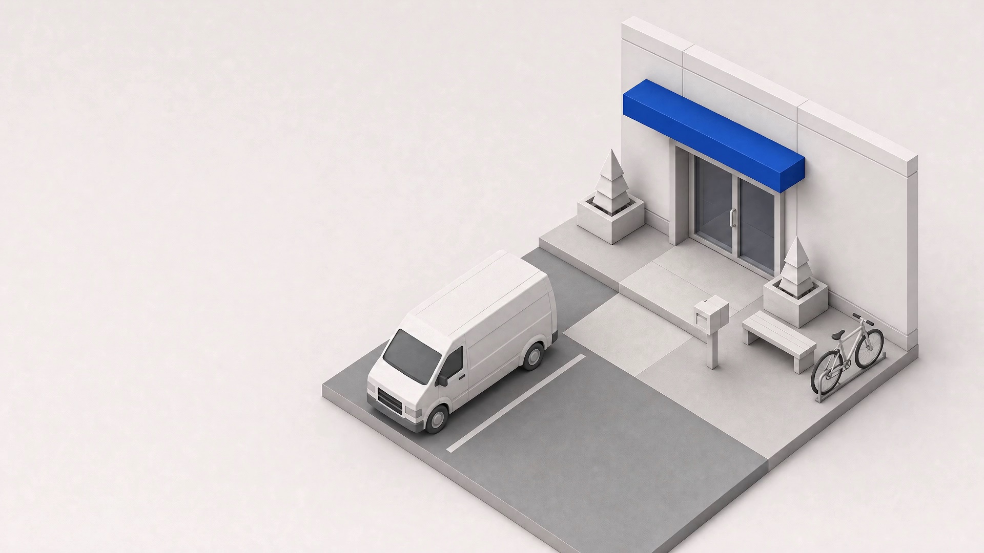 The front entrance of a warehouse office: a glass door under a cobalt canopy, planters, a bench, a mailbox and a white van pulling into the small parking area outside