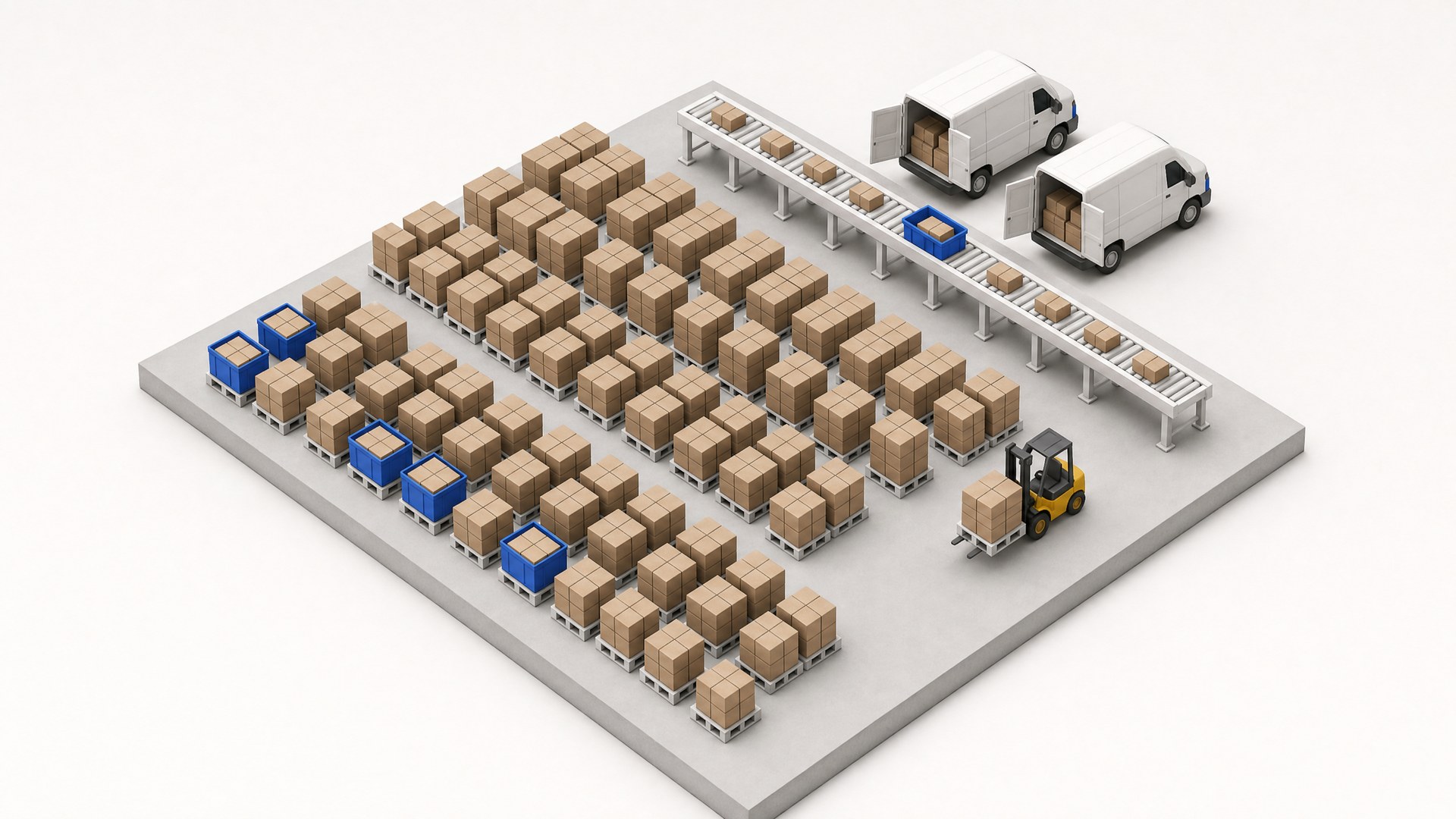 Una explanada de despacho cubierta de filas de cajas idénticas selladas en pallets y en cubetas cobalto, un transportador de rodillos alimentando dos furgonetas con las puertas abiertas y un montacargas en el borde.