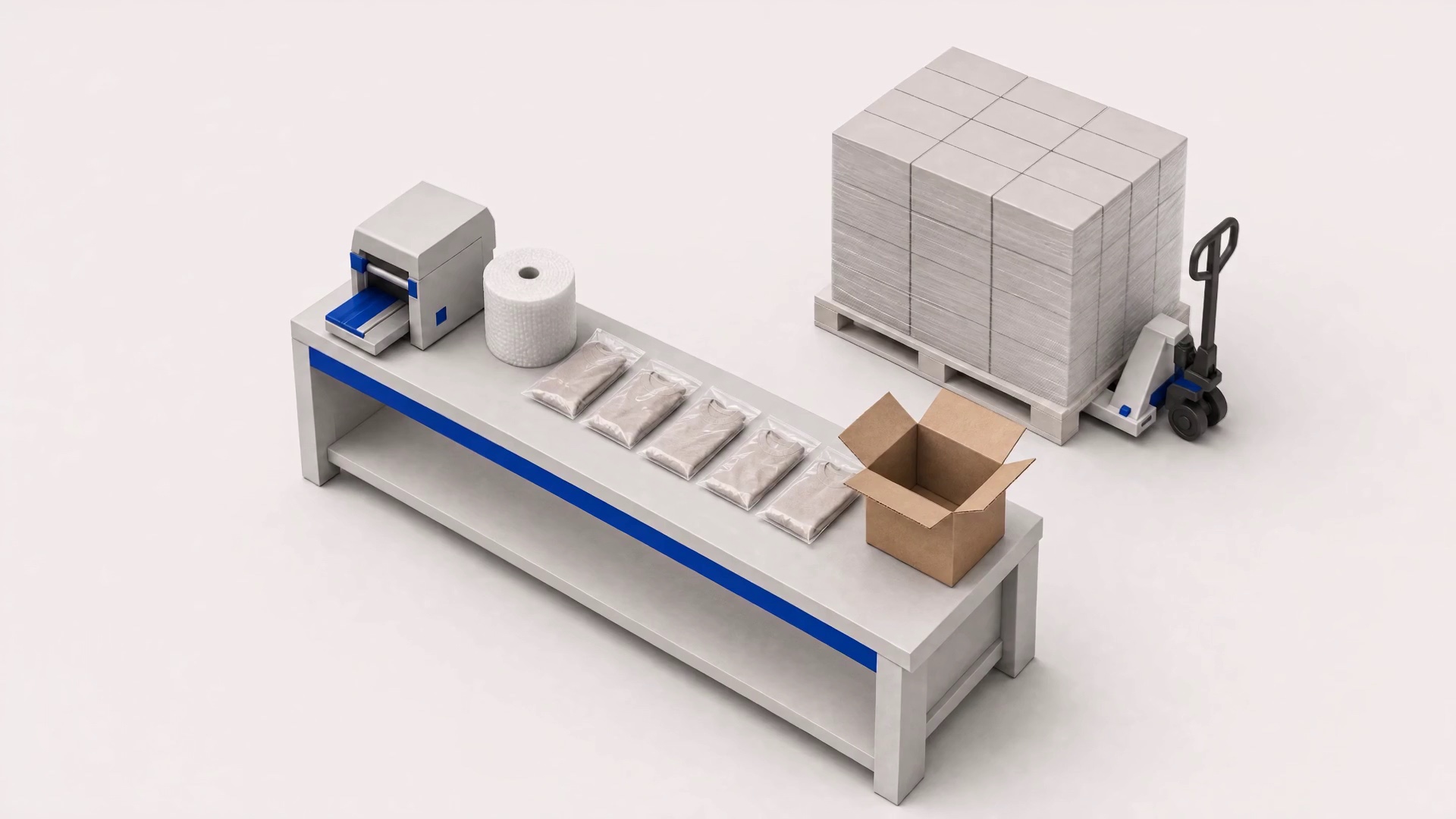 A prep station with poly-bagged units on the bench and a stretch-wrapped pallet behind it