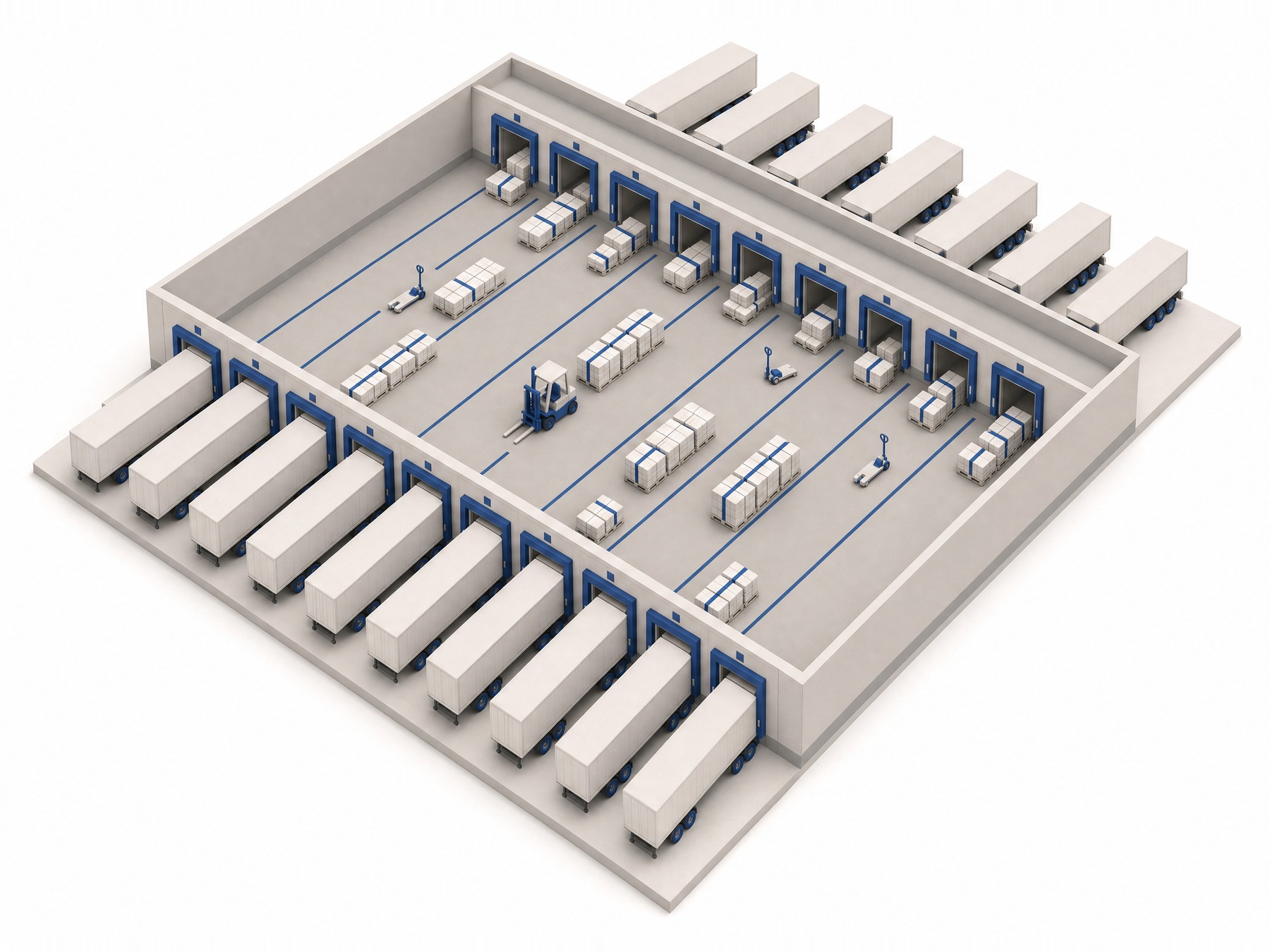 An isometric cutaway of a cross-dock: two rows of trailers backed onto doors facing each other across an open floor, with pallets squared up in staging lanes between them and no racking anywhere.
