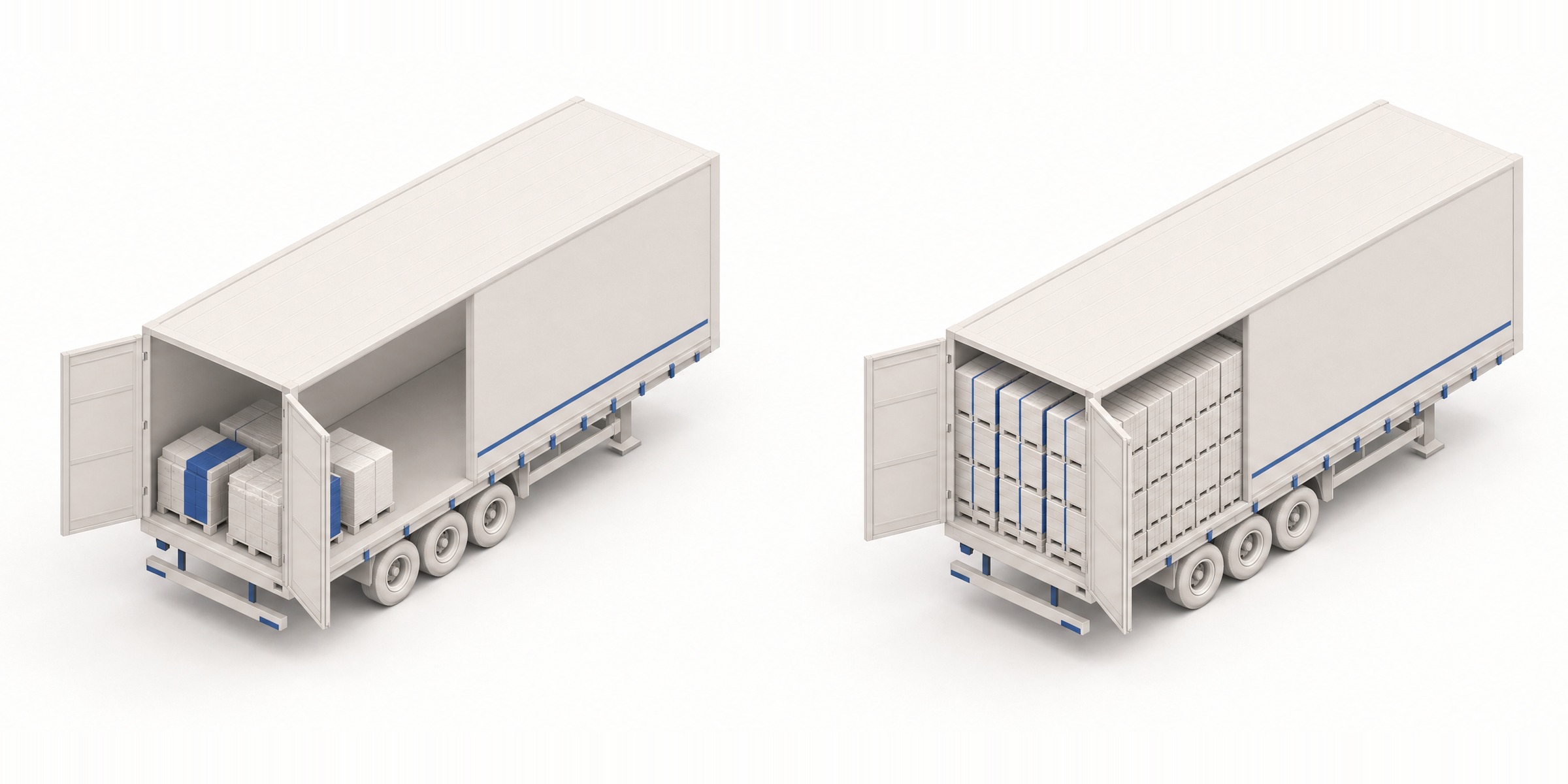 Two identical trailers with their rear doors open. The left trailer holds a few mixed-size pallets near the doors with most of the floor empty; the right is packed floor to roof with uniform pallets.