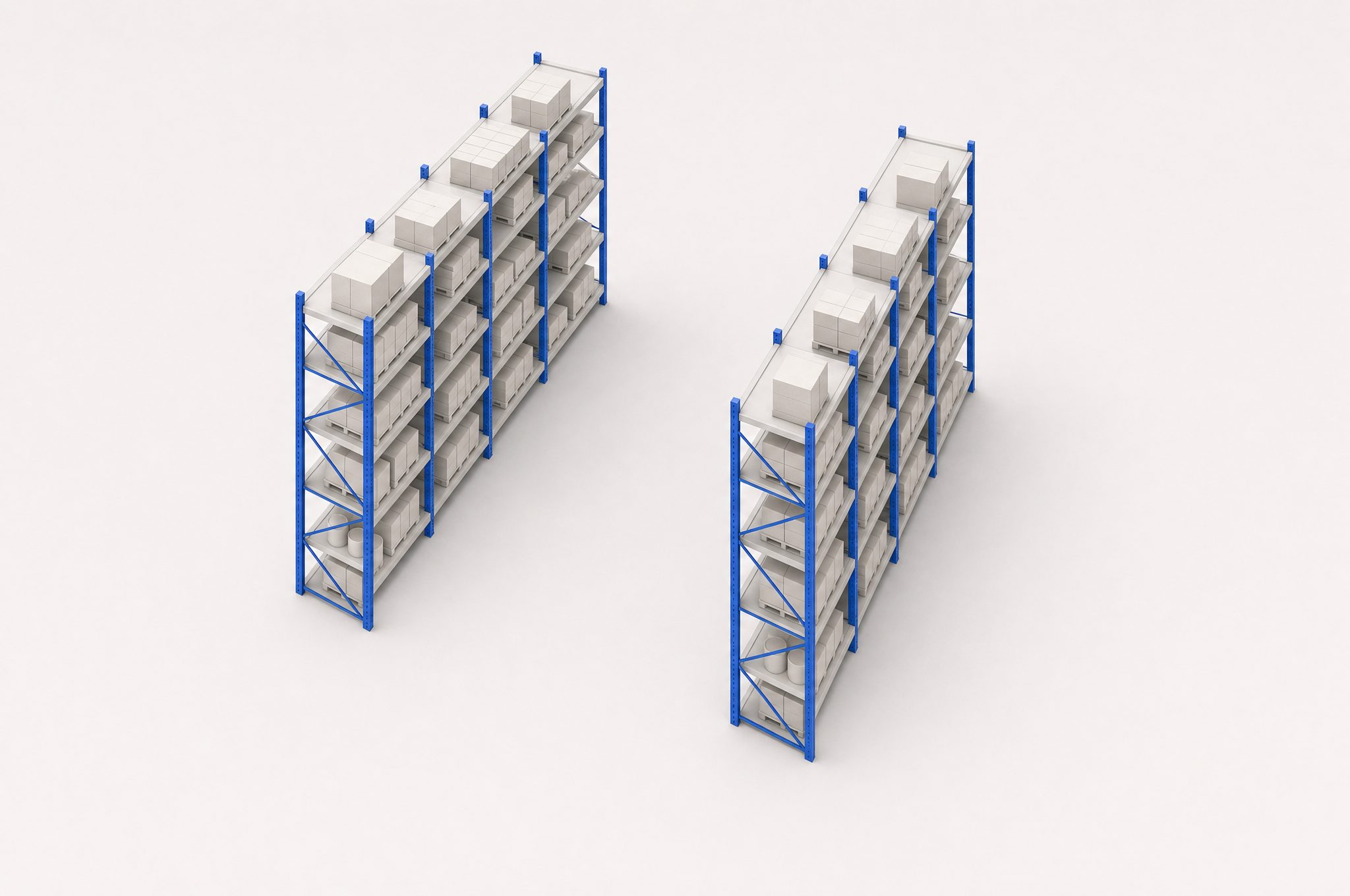 Two runs of cobalt racking seen down the aisle, five levels high, with cartons at mixed heights and empty positions among them.