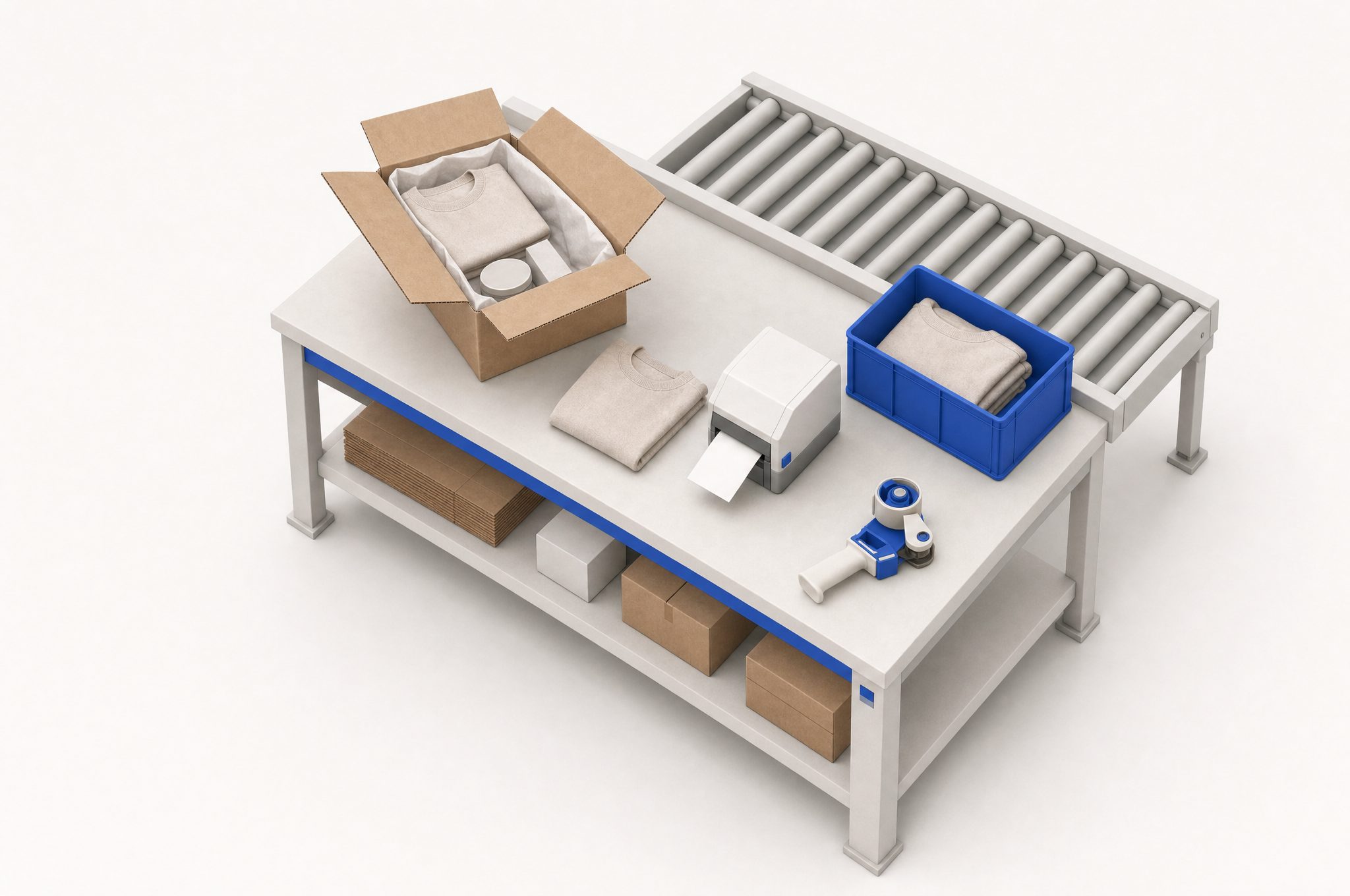 A pack bench with an open carton, a folded garment, a label printer and a cobalt tote of picked units, a roller conveyor behind it.