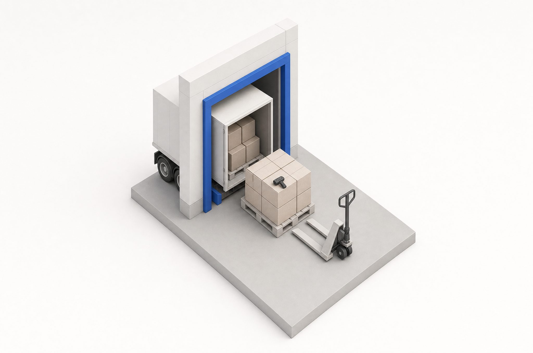 An isometric loading dock: a trailer backed onto an open cobalt door, cartons coming off onto a pallet with a pallet truck alongside.