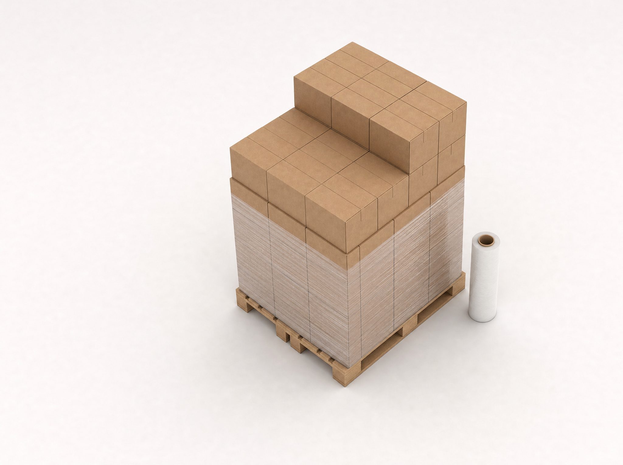 A pallet of squared cartons half wrapped in stretch film, the roll standing beside it.