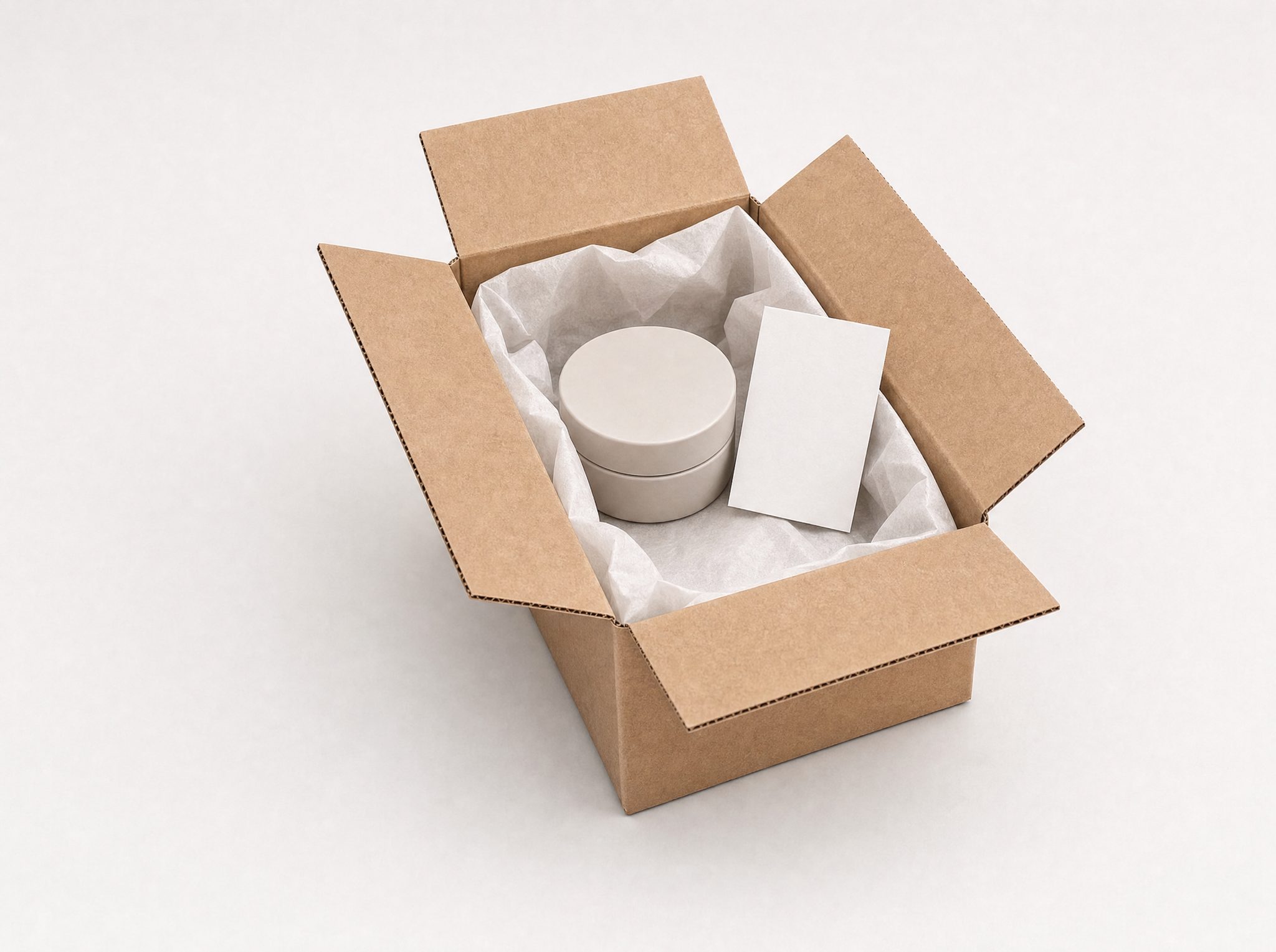 Una sola unidad y una tarjeta de inserción empacándose en una caja pequeña forrada con papel de seda.