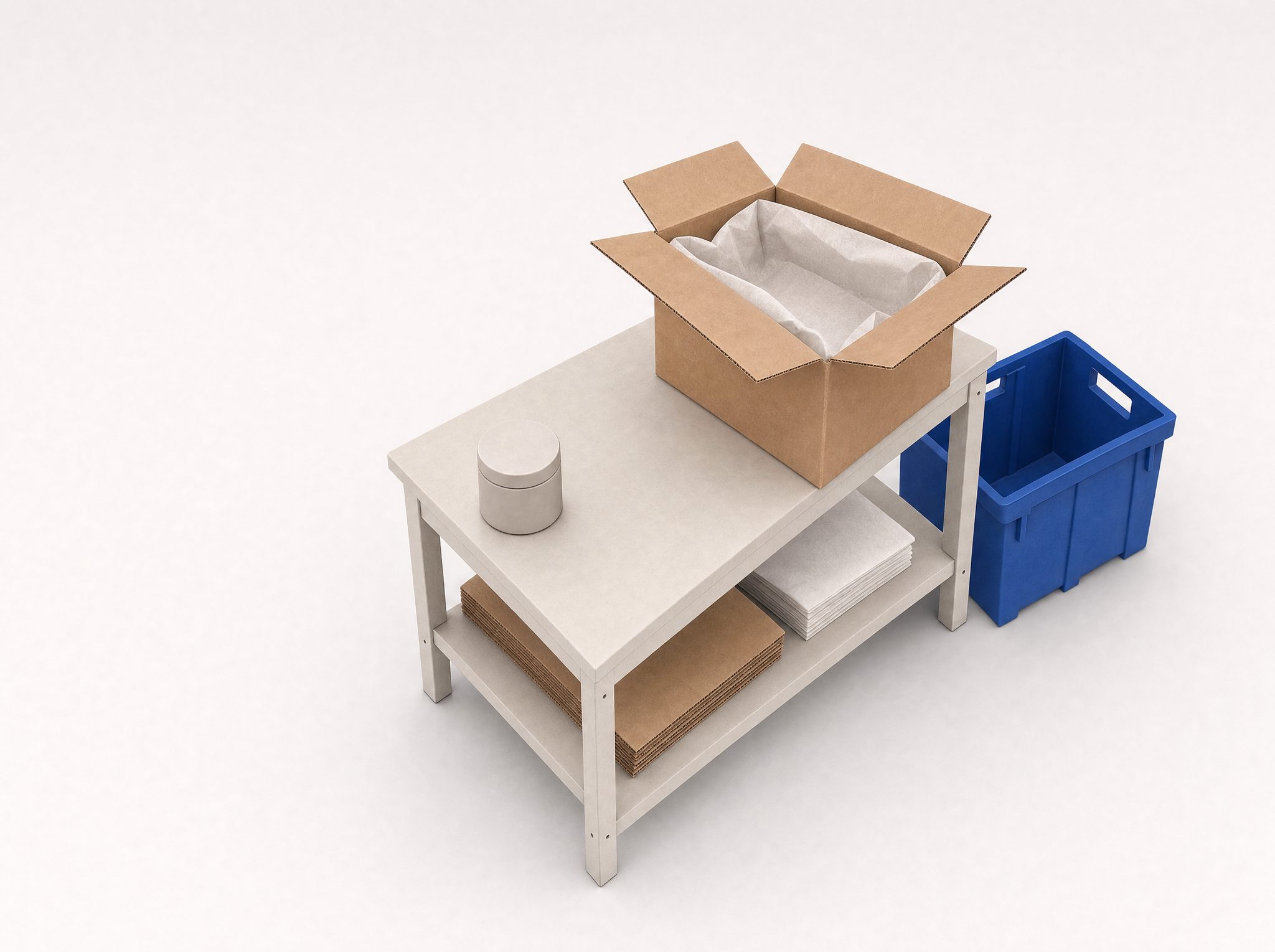 A returned carton open on an inspection bench, the item out and a cobalt tote alongside.