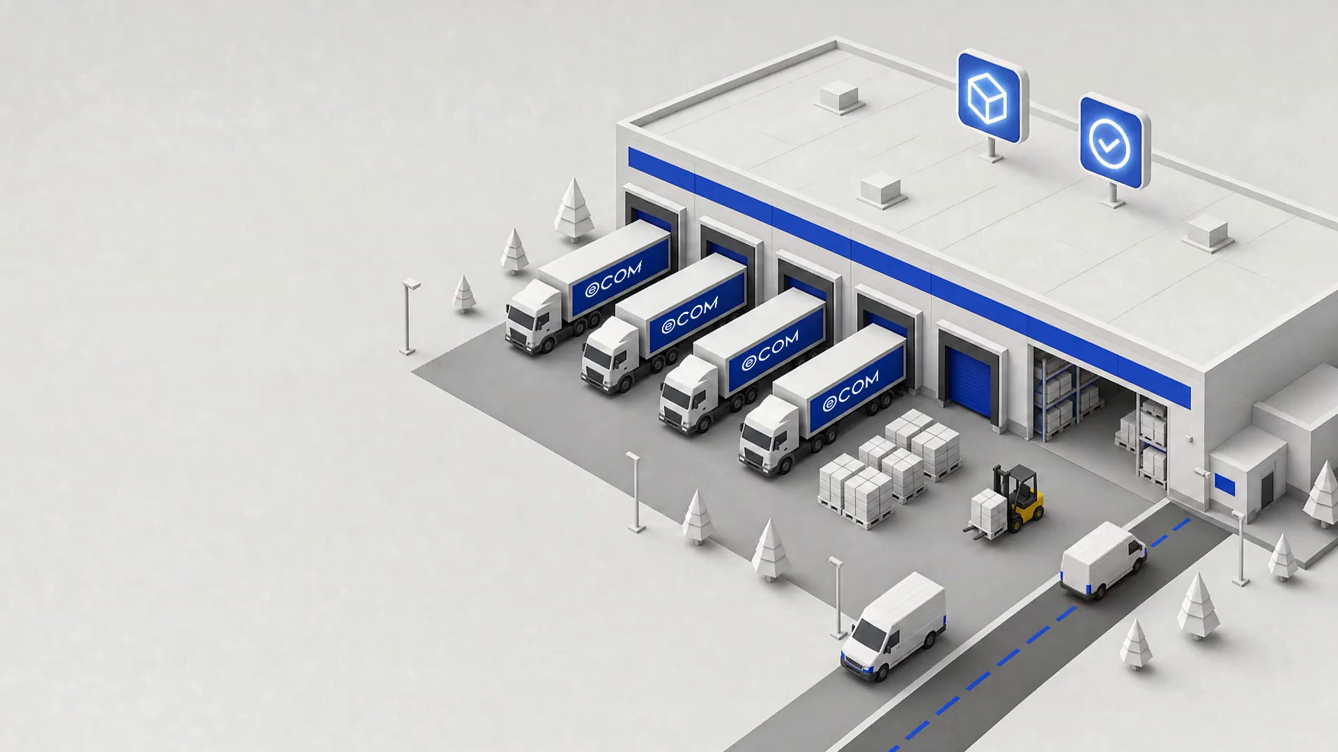The Ecom yard, with trailers at the dock doors and delivery vans heading out on their lanes