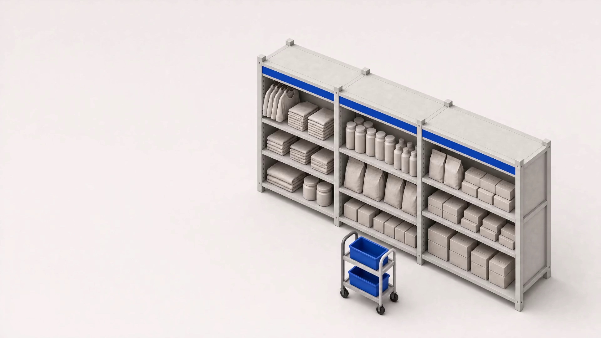 Four bays of shelving holding garments, jars, pet food and toys, with a picking cart in front