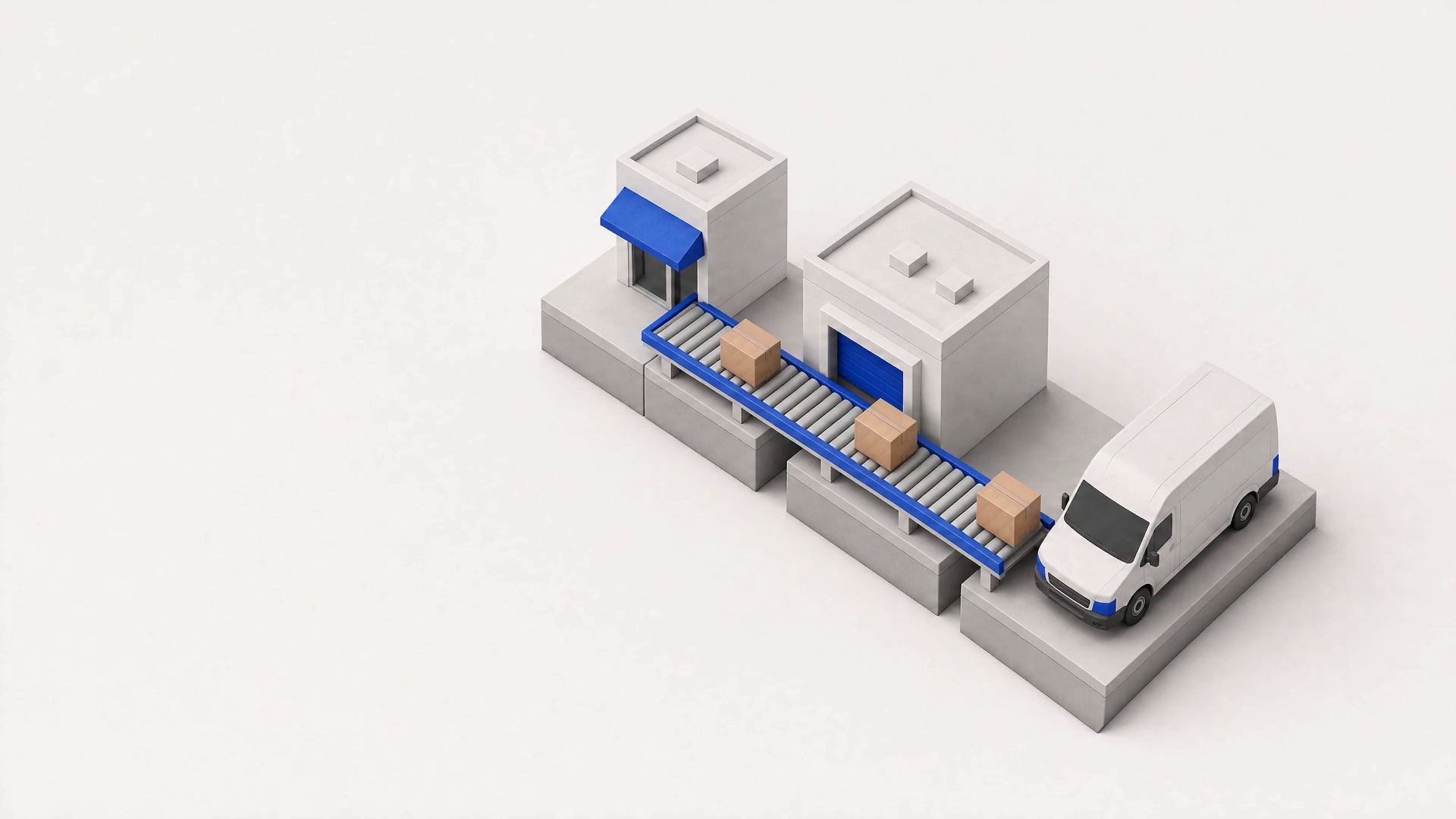 A shopfront, a warehouse and a delivery van joined by one conveyor carrying cartons