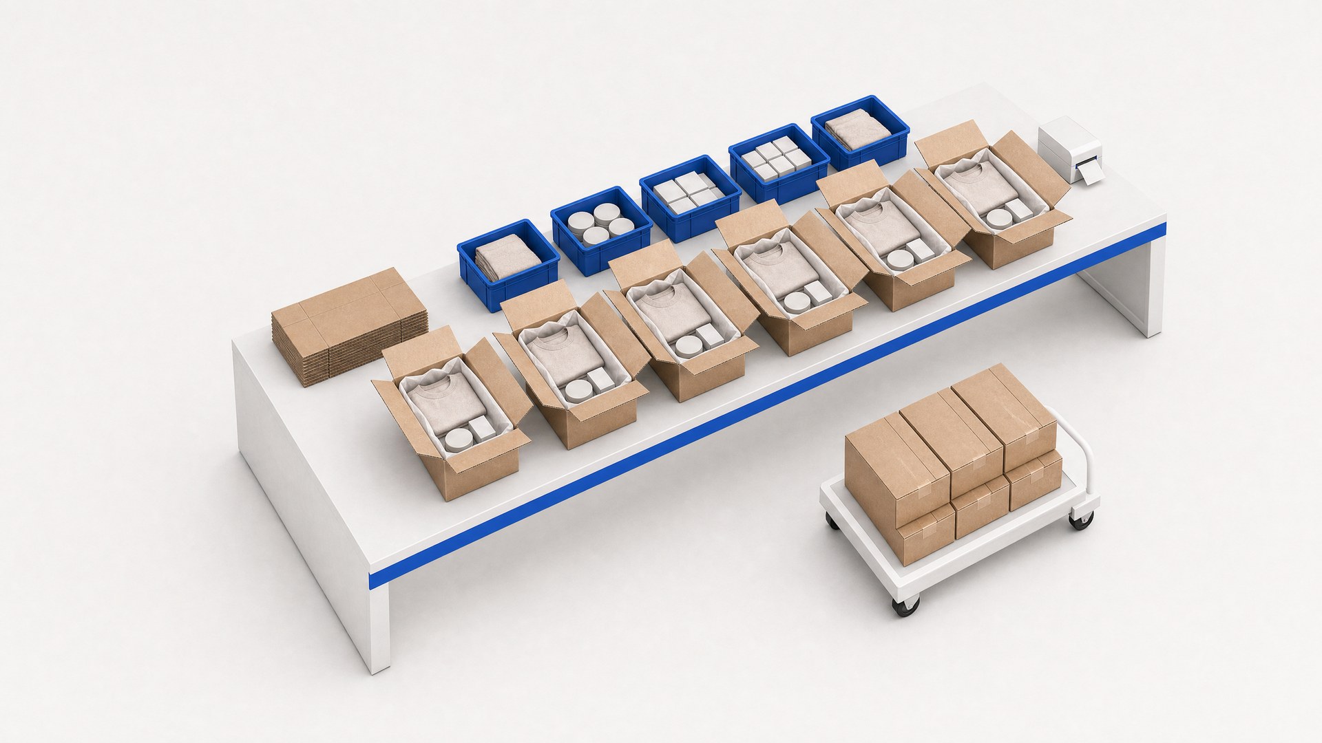 Una larga mesa de kitting: seis cajas abiertas en fila, cada una llenándose con el mismo conjunto de artículos, cubetas cobalto de componentes detrás y un carro de cajas idénticas selladas al lado.