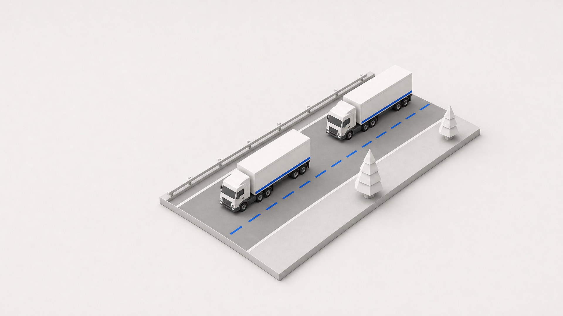 Dos tractocamiones blancos lisos con una fina franja cobalto en un tramo corto de carretera de dos carriles con línea central discontinua cobalto y una barrera.