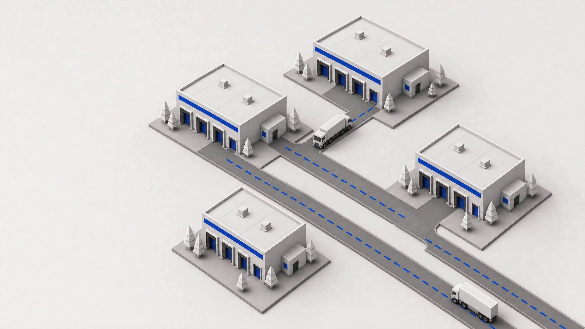 Four warehouses joined by roads, with trailers moving between them