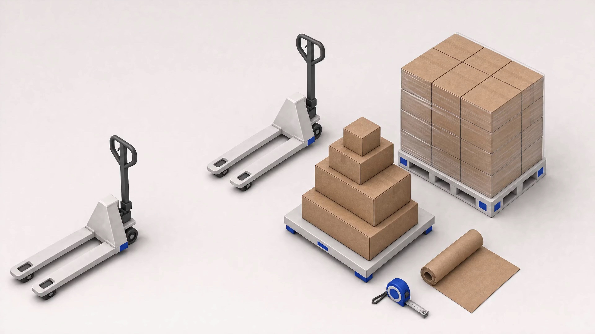 Cartons of four sizes on a pallet scale, with a tape measure, kraft paper and a wrapped pallet behind