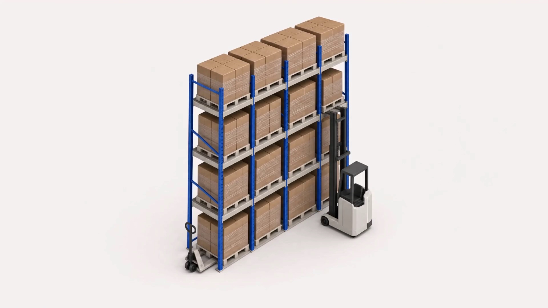 An aisle of tall pallet racking with a reach truck lifting a pallet to the third level