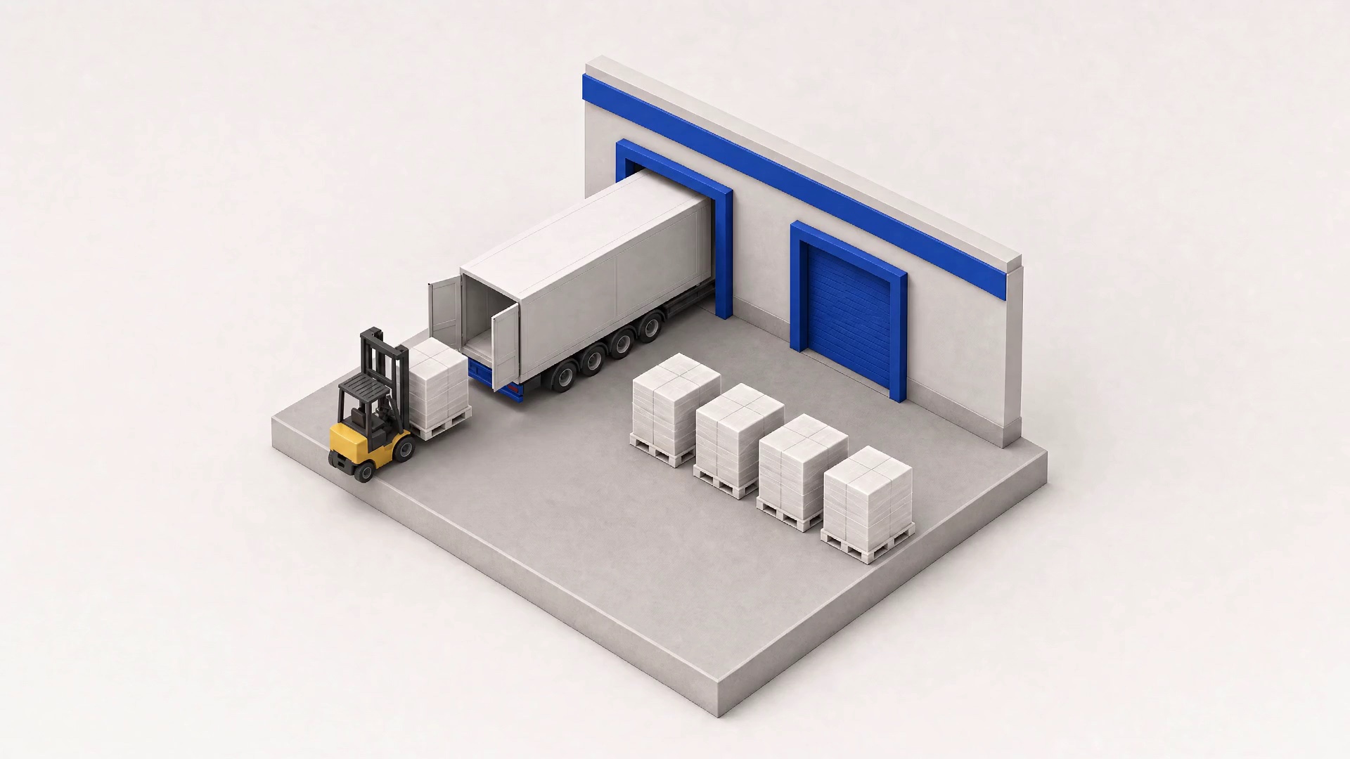 A loading dock with wrapped pallets of retail cartons being loaded into a trailer