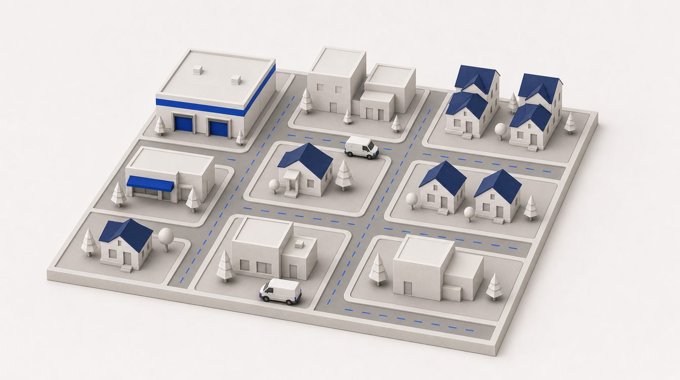 An illustrated neighbourhood: a warehouse on the corner block, streets with two vans, houses and a shopfront