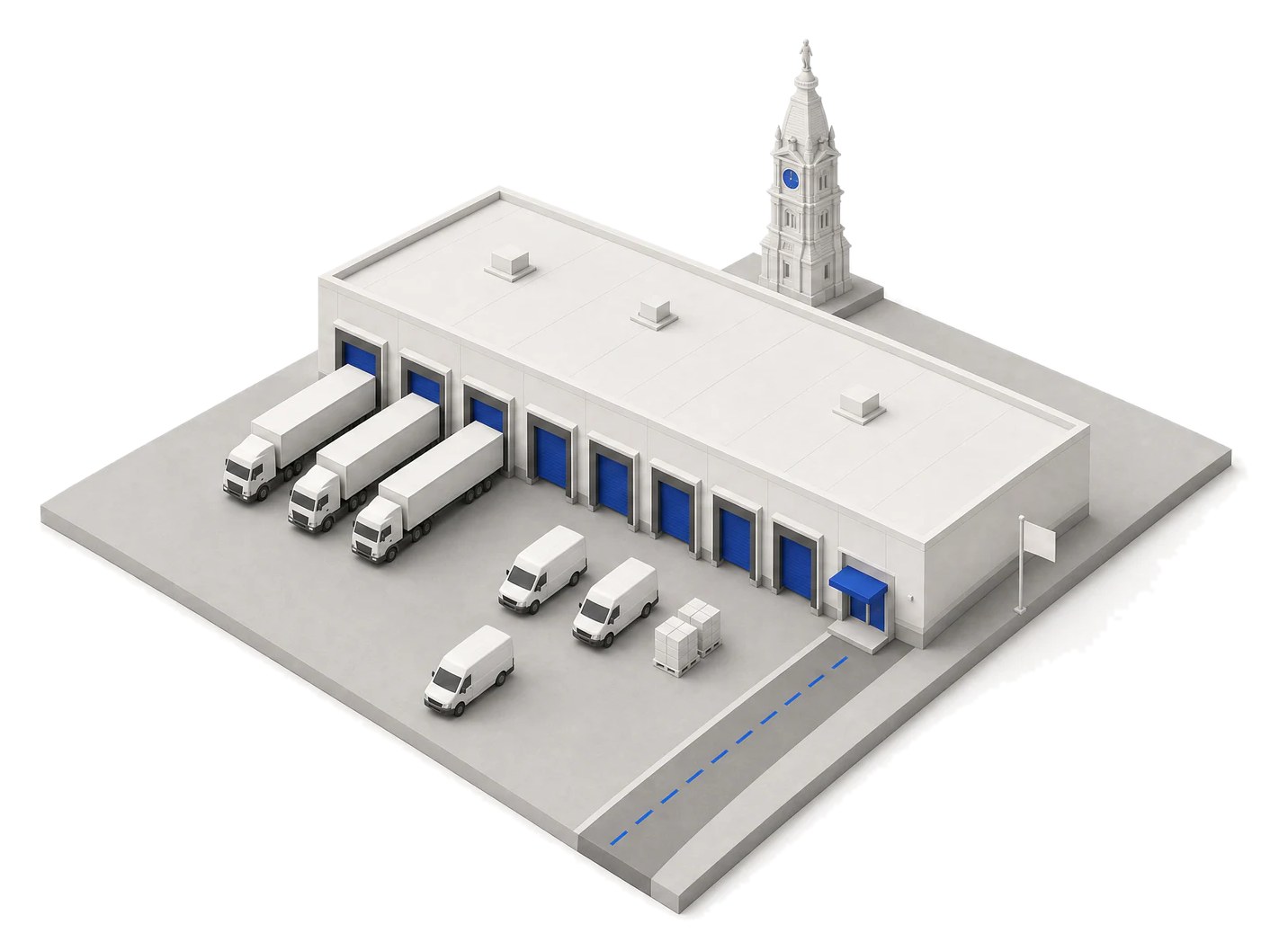 Un render isométrico de arcilla del almacén de Filadelfia: un edificio blanco largo con seis puertas de muelle cobalto, remolques en tres de ellas, furgonetas en la explanada, un camino de acceso saliendo de la base y la torre del ayuntamiento detrás.