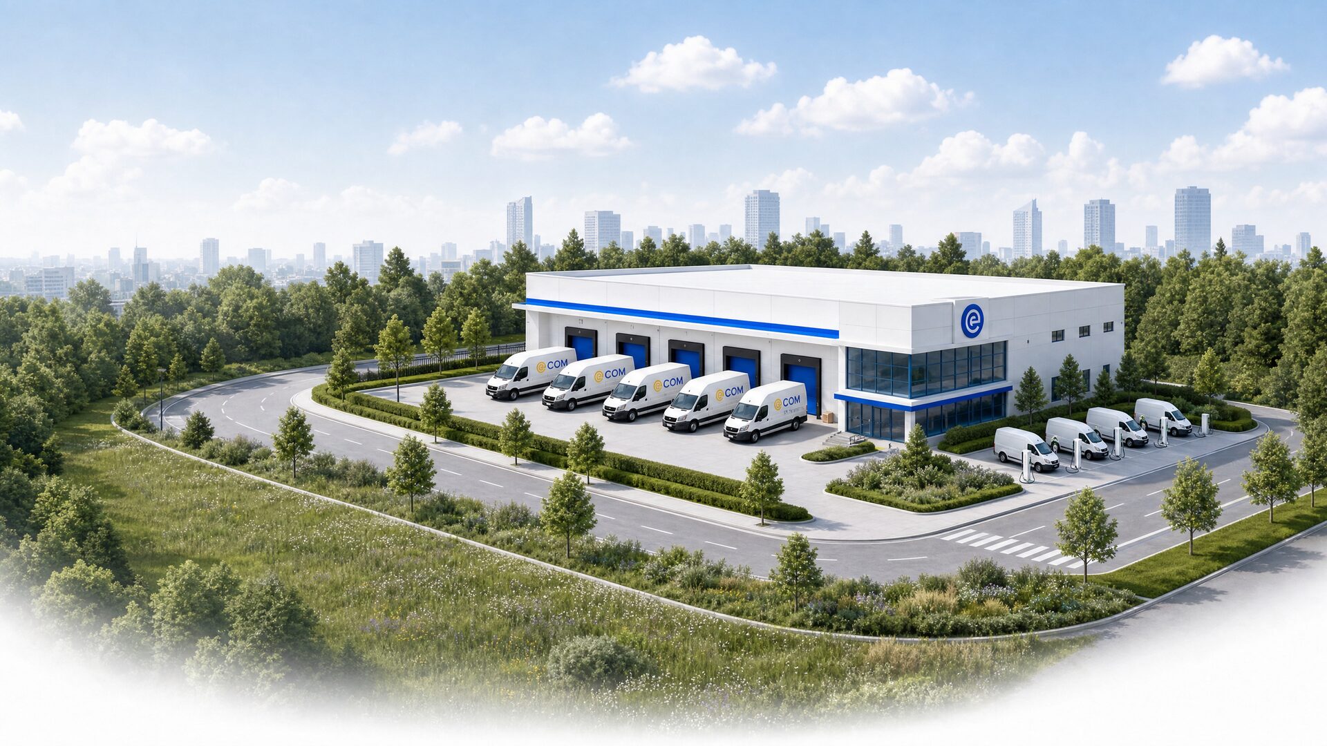 An Ecom warehouse set in mature trees and meadow planting, with electric delivery vans on charge outside