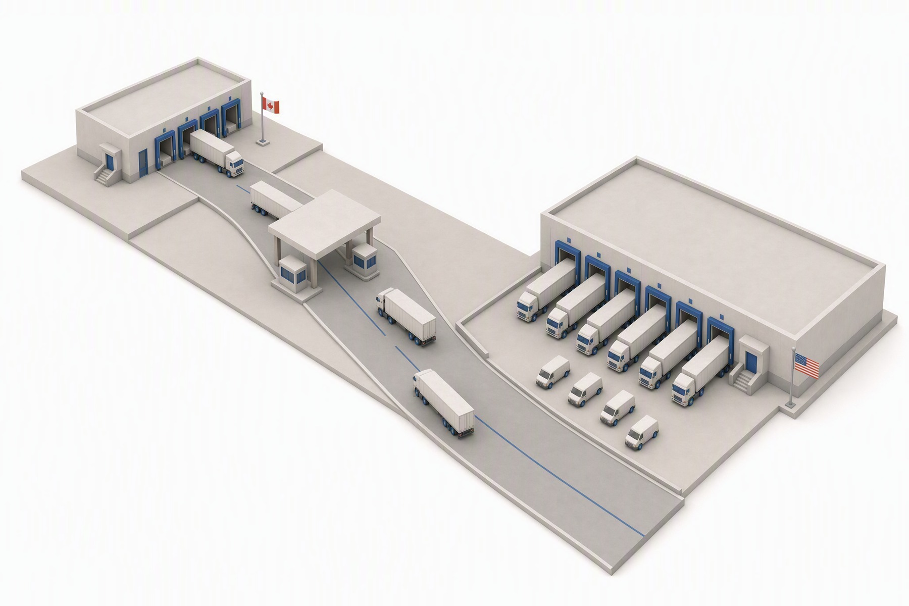 An isometric view of two distribution buildings connected by a highway: a larger US warehouse with trailers on its docks and a United States flag, a smaller Canadian building with a Canadian flag, and a customs canopy on the road between them with trucks passing through.
