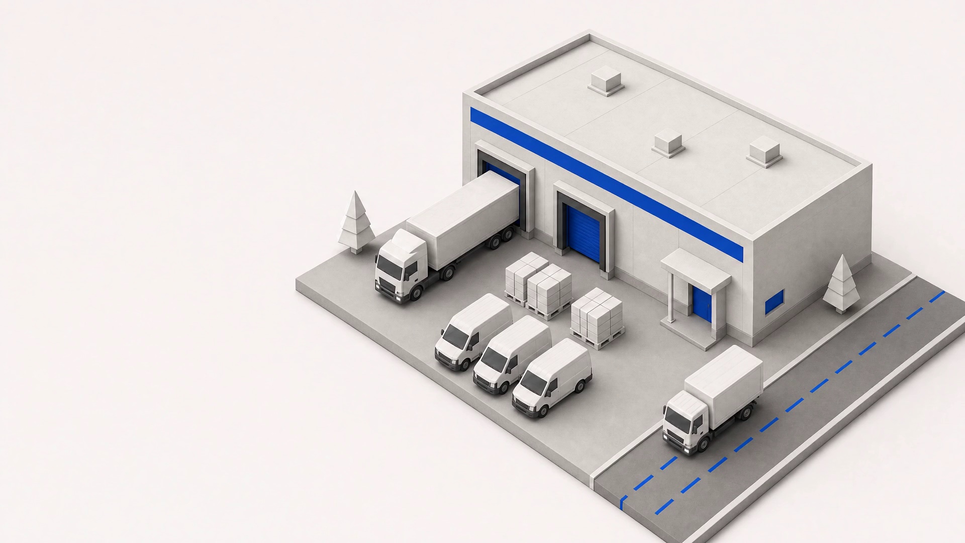 A US fulfillment centre beside a highway, with a trailer at the dock and parcel vans out front